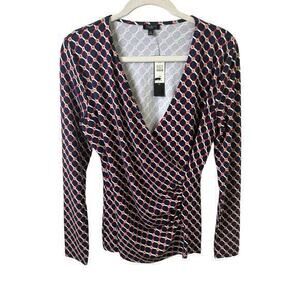 Talbots Shirt Womens Medium Petite Wrap Blouse Long Sleeve Stretch Office Preppy